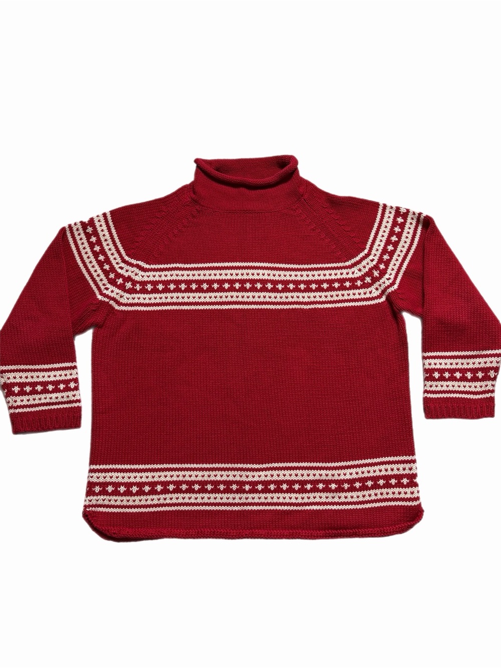 VTG 90s Eddie Bauer Red Fair Isle Roll Neck Cotton Sweater XL Festive Christmas